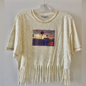 Ganni Cream Fringe Tee with Graphic Print